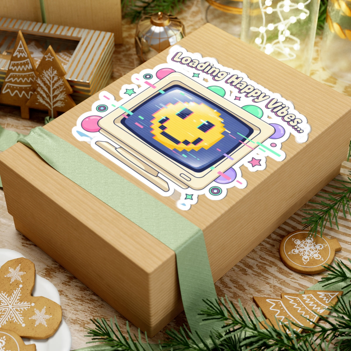 Loading Happy Vibes Pixel Monitor Sticker | Y2K Retro Tech Nostalgia