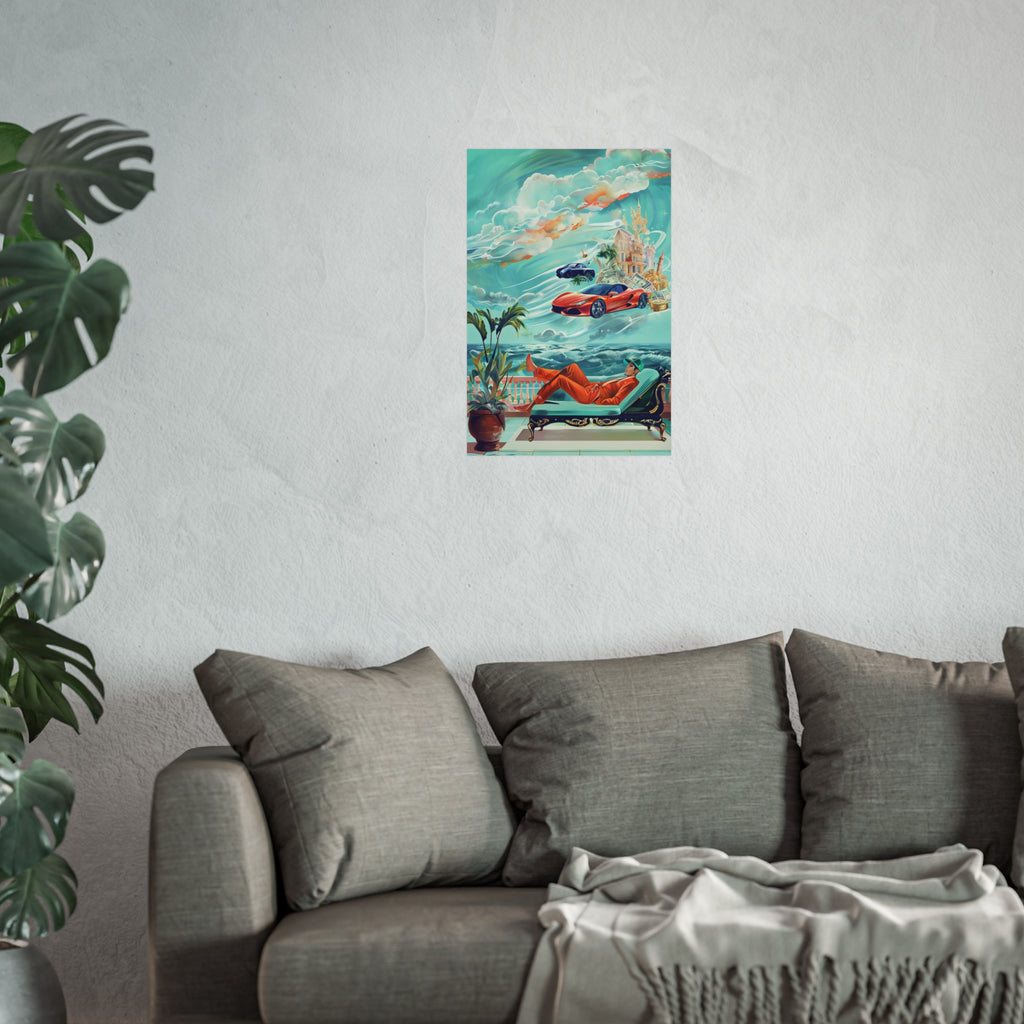 Surreal Coastline Art Poster — Dreamy Sports Car & Lounging Figure Print