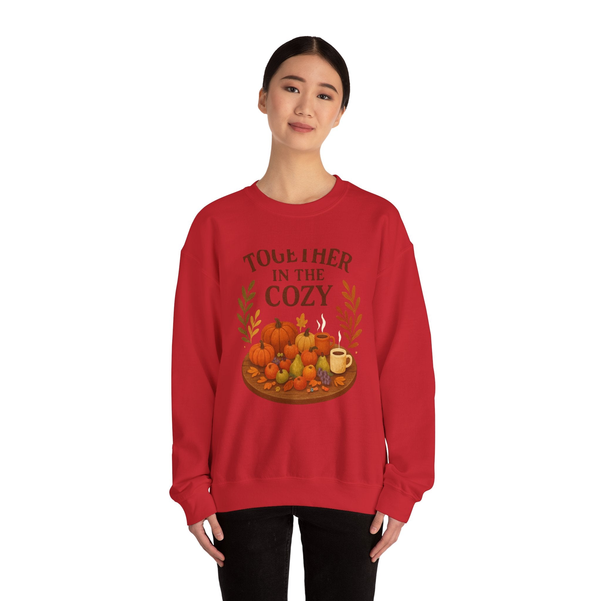 Cozy Fall Sweatshirt — "Together in the Cozy" Pumpkin & Mug Crewneck