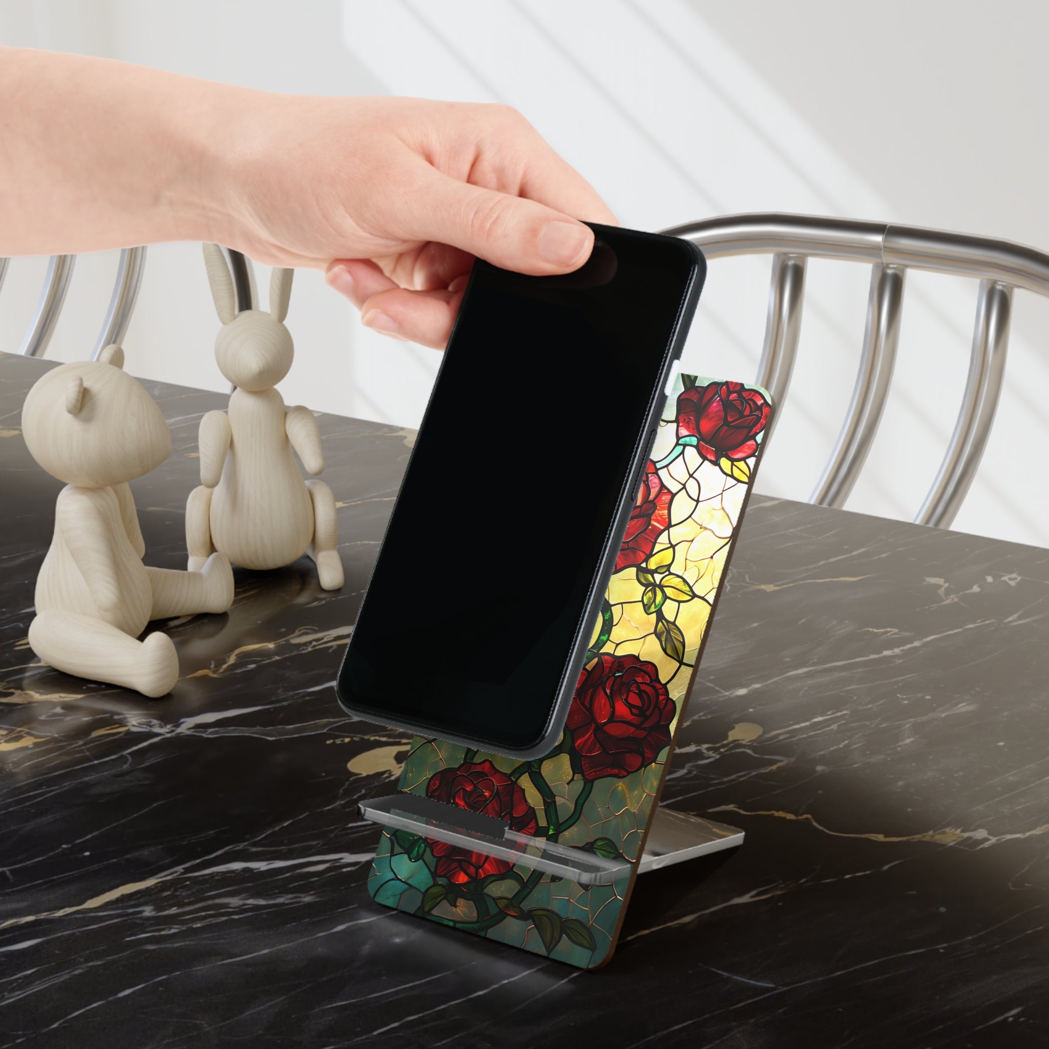 Stained Glass Rose Mobile Stand | Desk Accessory, Phone Holder, Gift for Her, Home Decor, Office Supplies, Floral Design