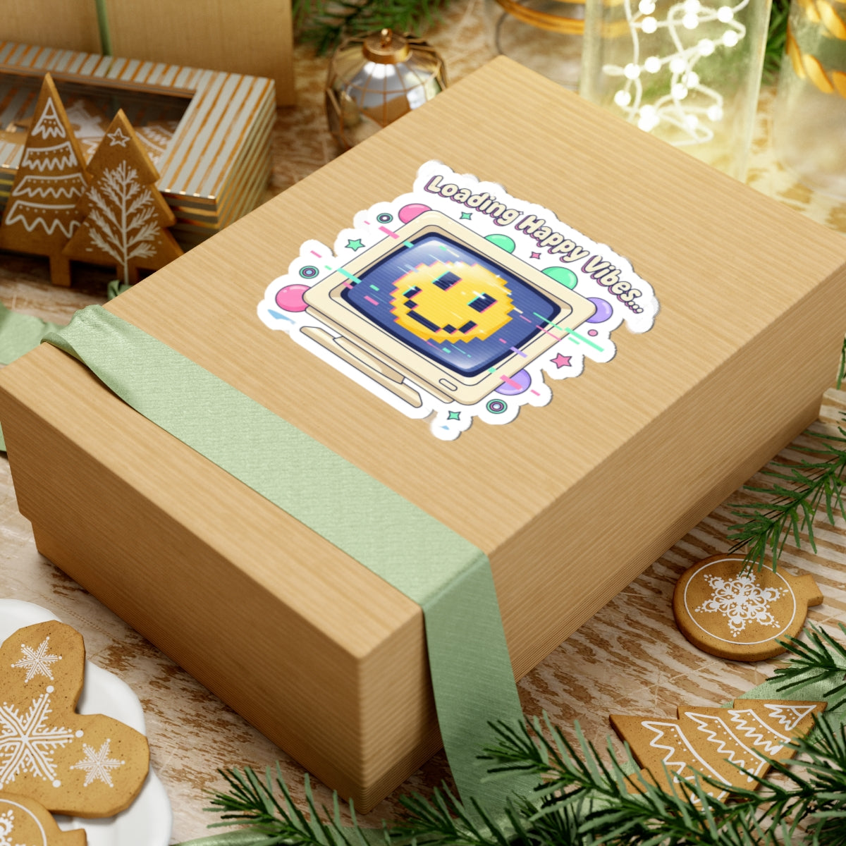 Loading Happy Vibes Pixel Monitor Sticker | Y2K Retro Tech Nostalgia