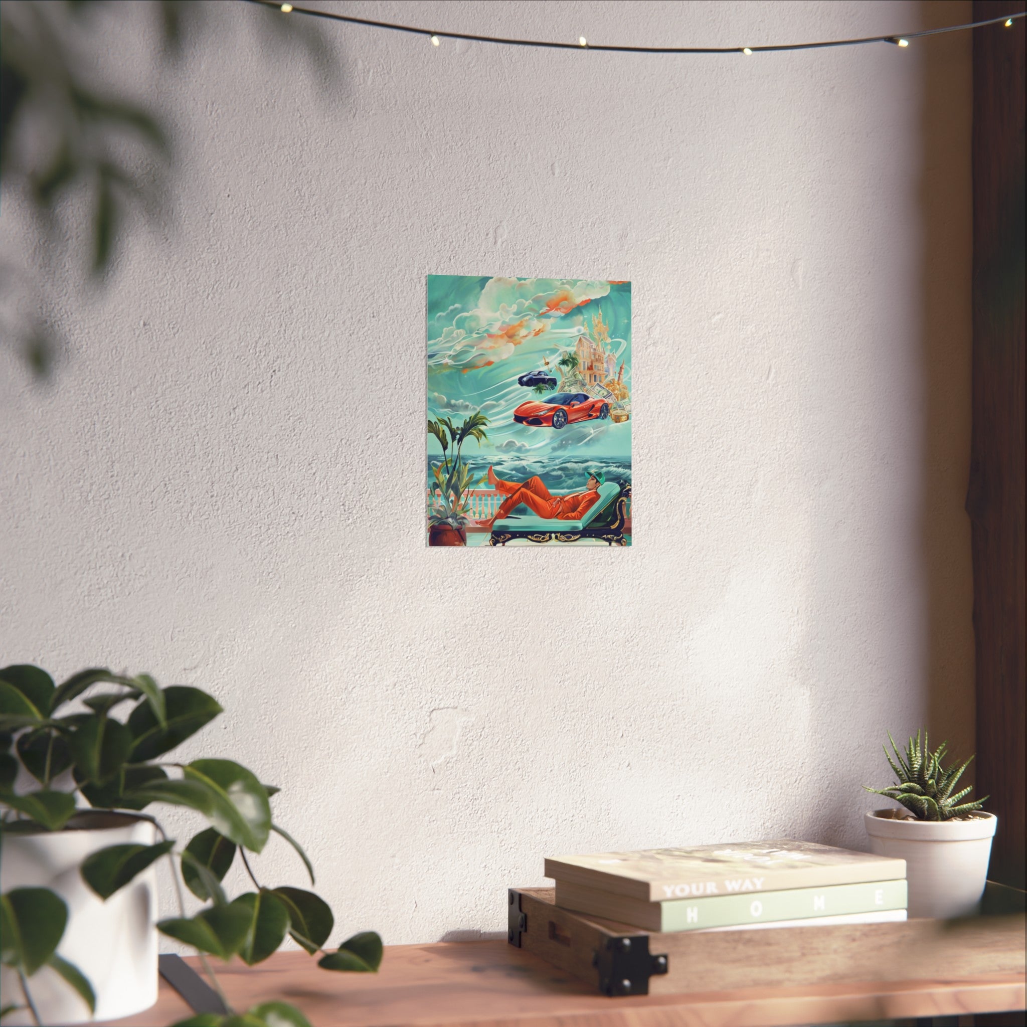 Surreal Coastline Art Poster — Dreamy Sports Car & Lounging Figure Print