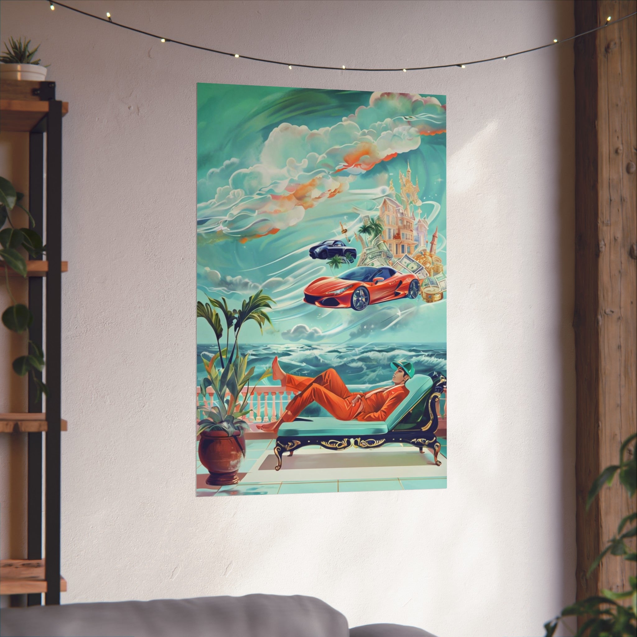 Surreal Coastline Art Poster — Dreamy Sports Car & Lounging Figure Print