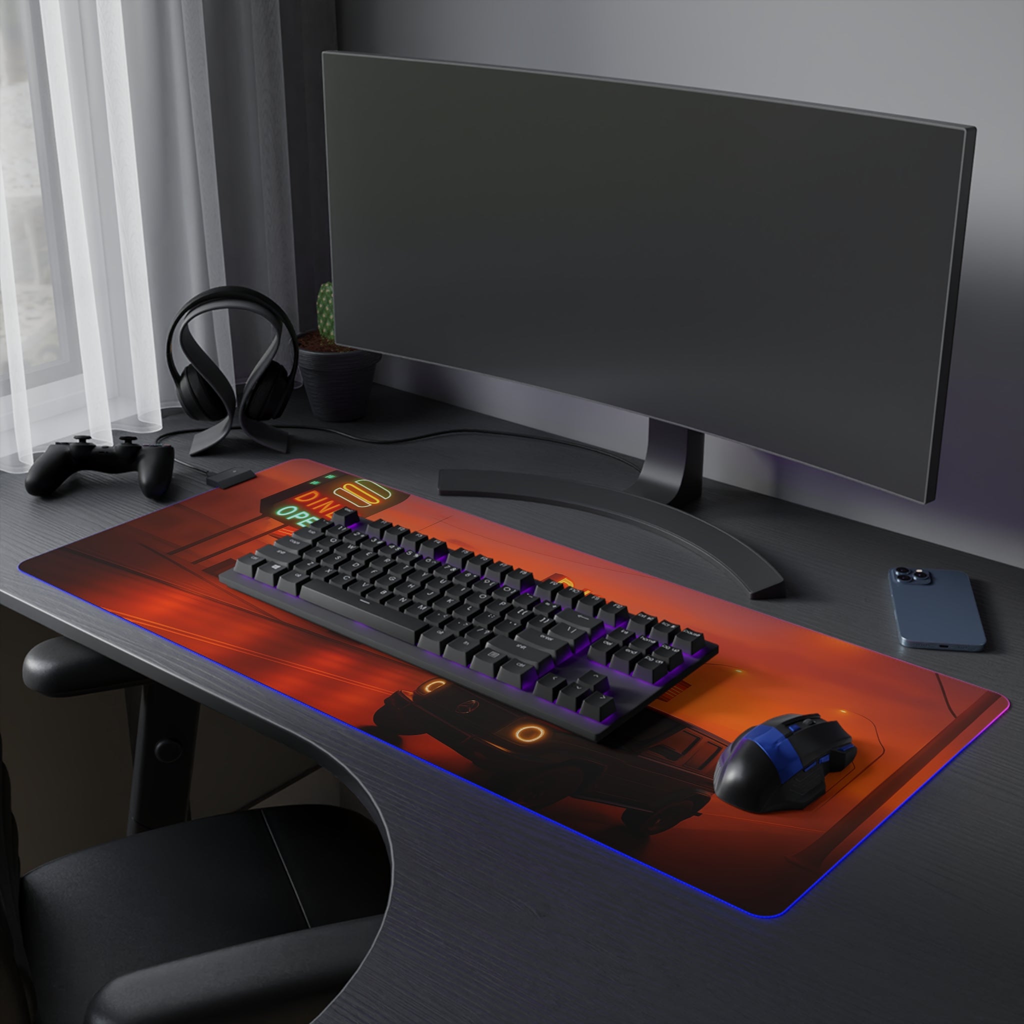 Retro Diner RGB Gaming Mouse Pad Neon LED Desk Mat Arcade Aesthetic Setup Gamer Gift Large Mousepad for Office and Desk Decor