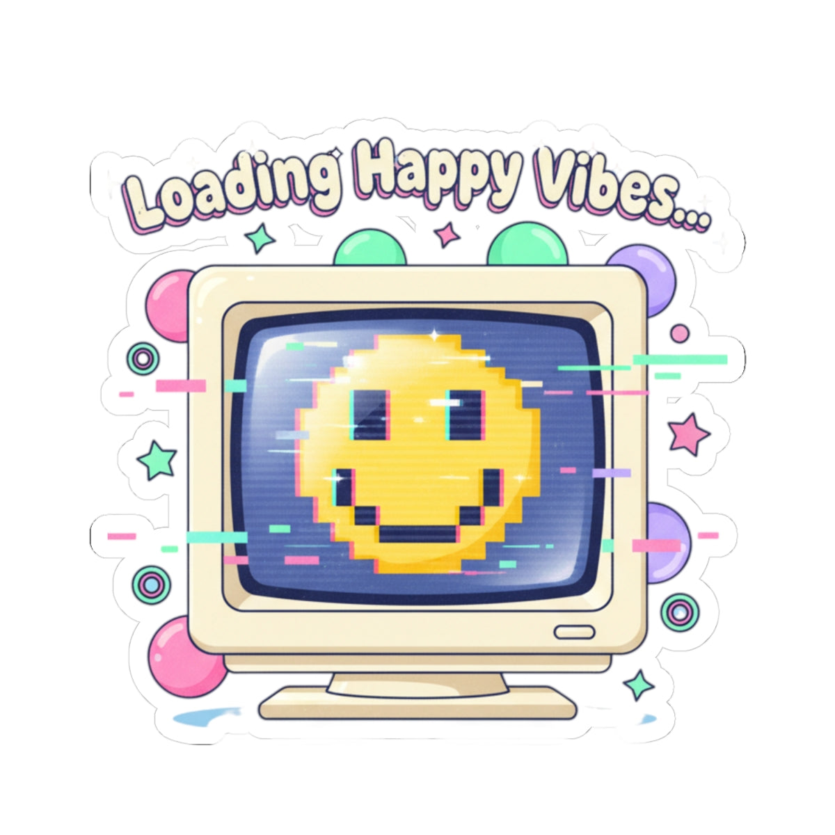 Loading Happy Vibes Pixel Monitor Sticker | Y2K Retro Tech Nostalgia