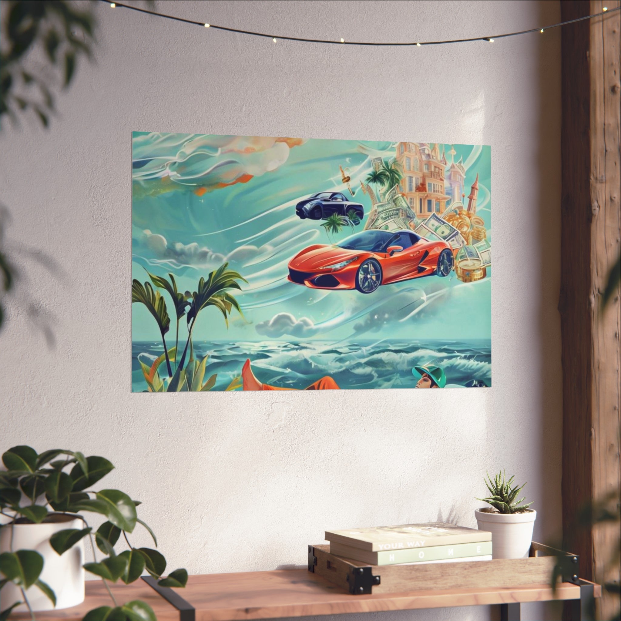 Surreal Coastline Art Poster — Dreamy Sports Car & Lounging Figure Print