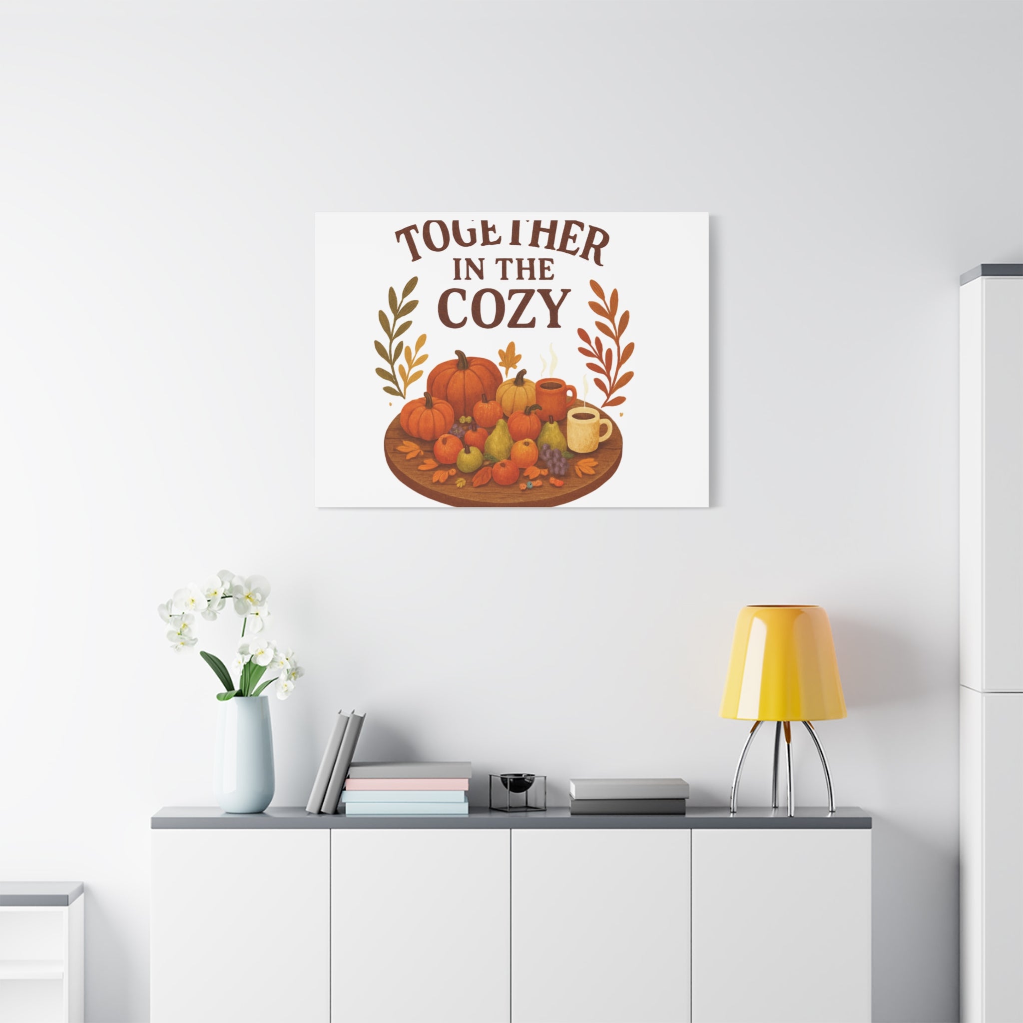 Fall Harvest Cozy Canvas Wall Art – "In The Cozy" Pumpkin & Coffee Autumn Decor