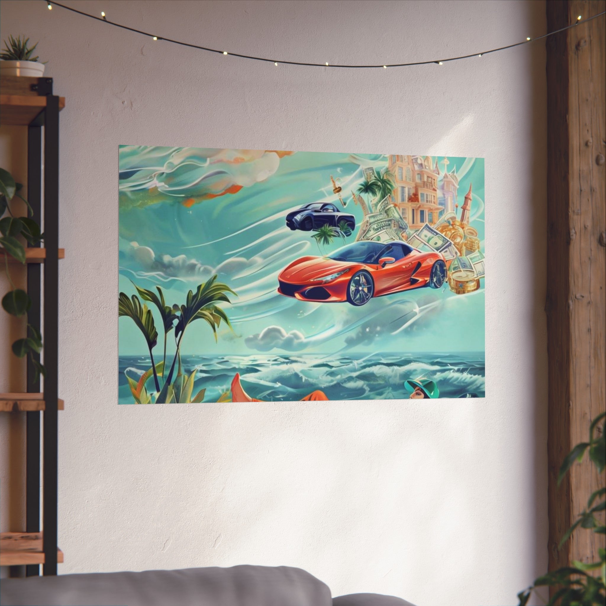 Surreal Coastline Art Poster — Dreamy Sports Car & Lounging Figure Print