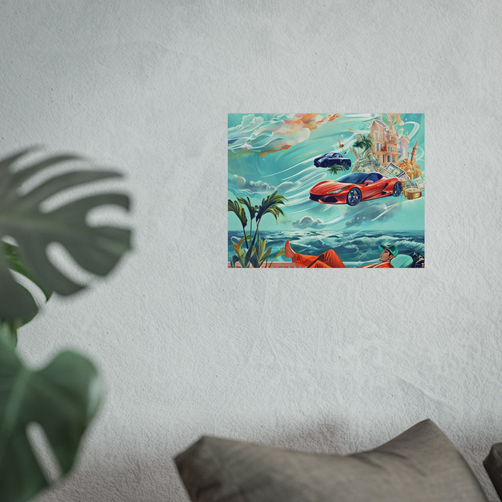 Surreal Coastline Art Poster — Dreamy Sports Car & Lounging Figure Print