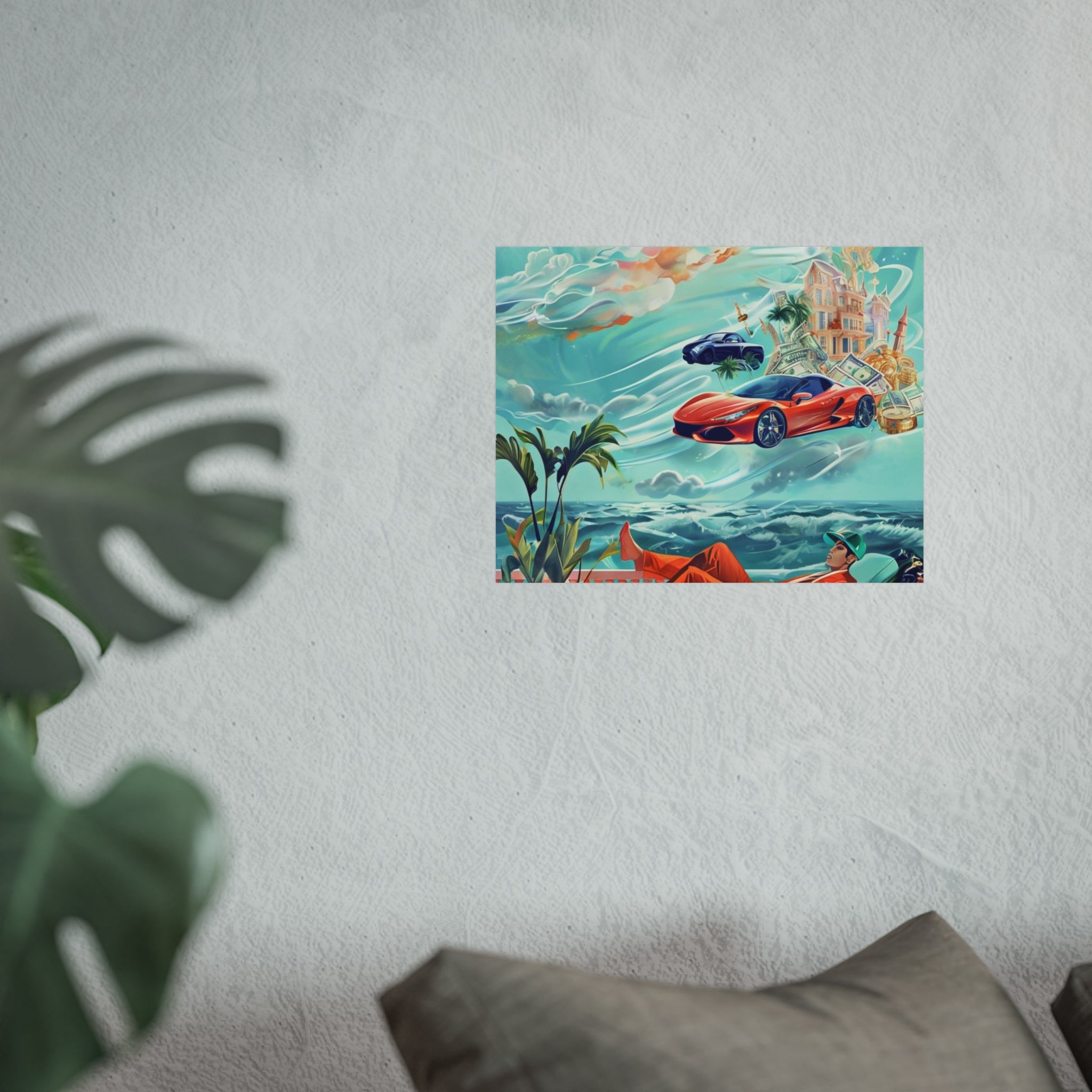 Surreal Coastline Art Poster — Dreamy Sports Car & Lounging Figure Print