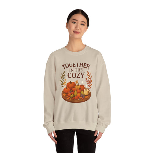 Cozy Fall Sweatshirt — "Together in the Cozy" Pumpkin & Mug Crewneck