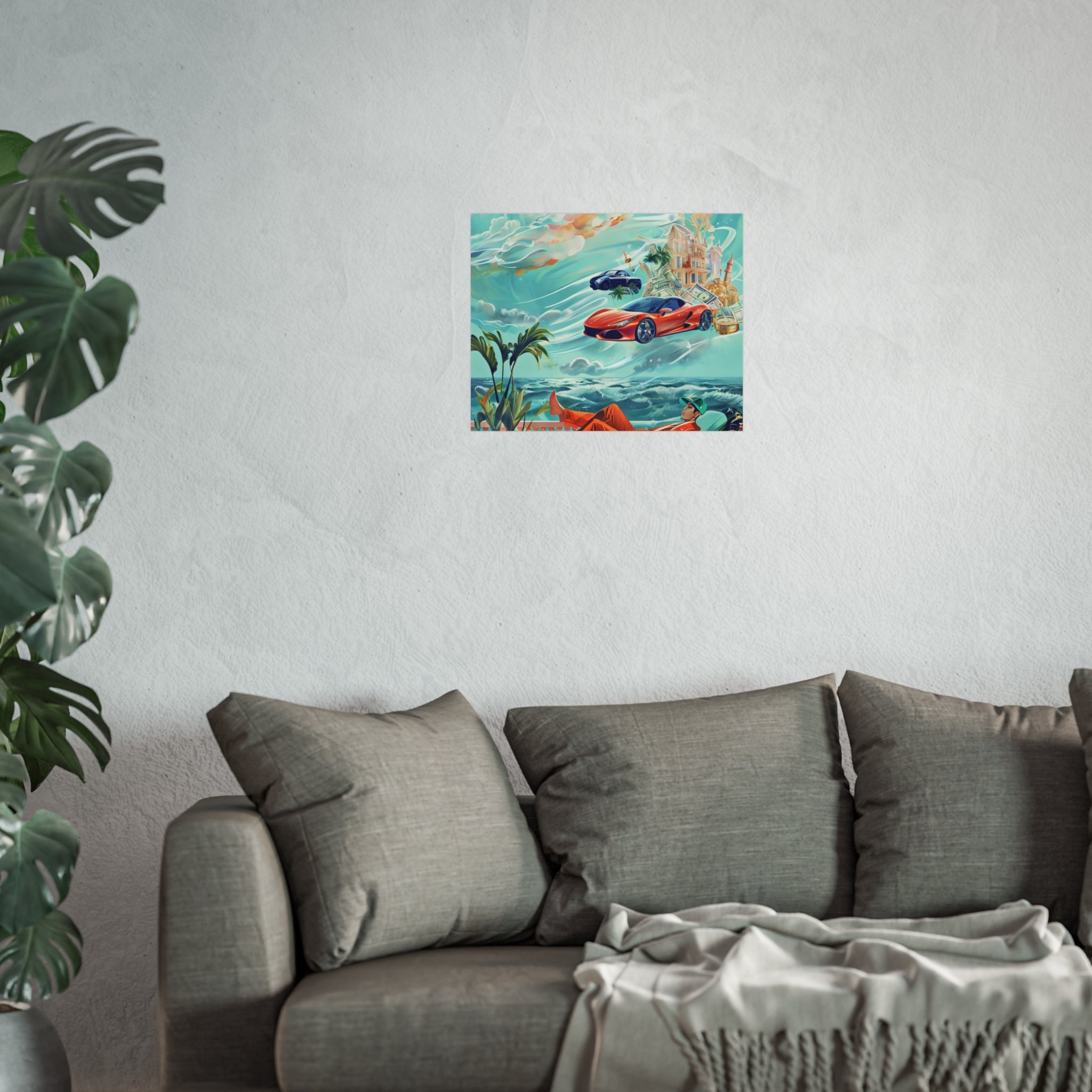 Surreal Coastline Art Poster — Dreamy Sports Car & Lounging Figure Print