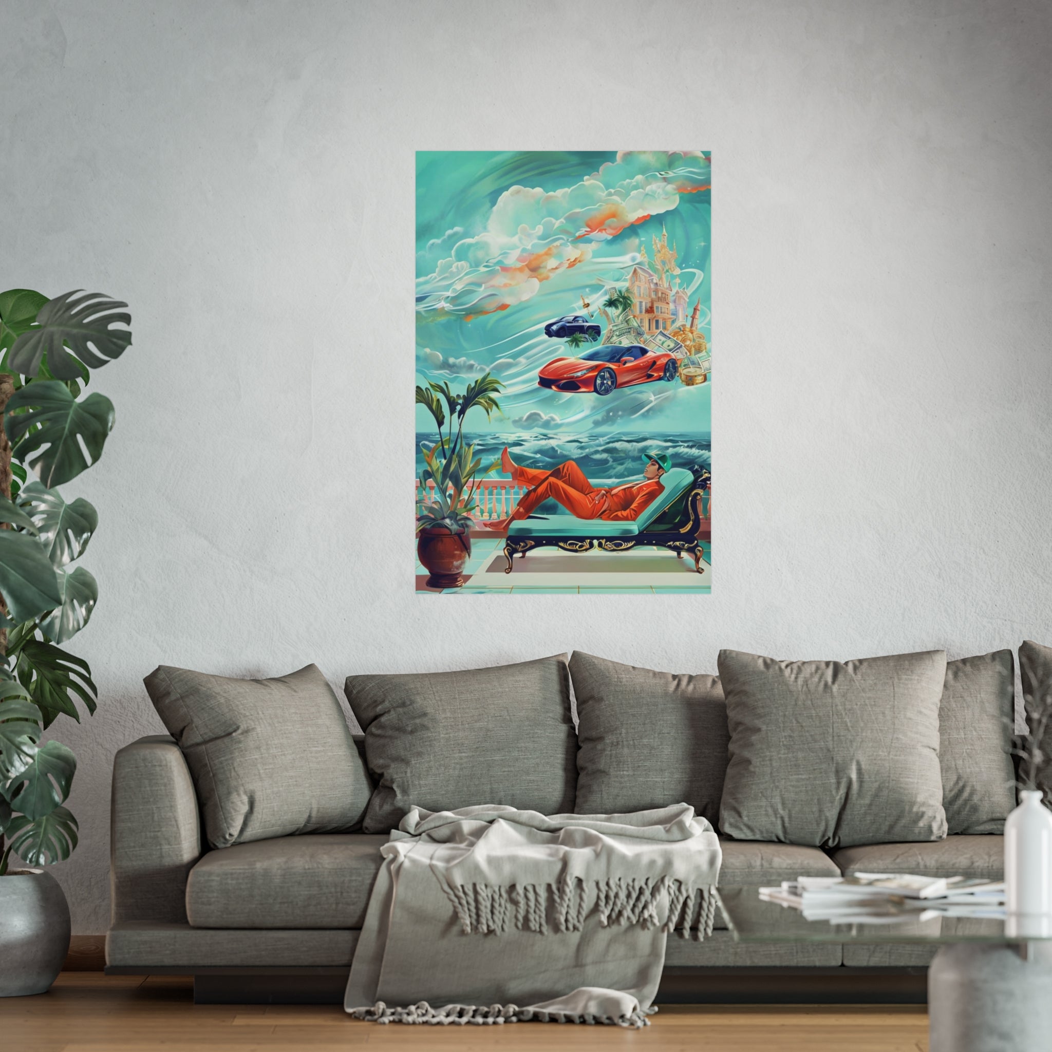 Surreal Coastline Art Poster — Dreamy Sports Car & Lounging Figure Print