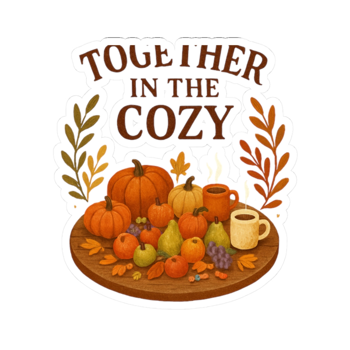 Together in the Cozy Fall Sticker — Autumn Pumpkin & Hot Drink Kiss-Cut Sticker