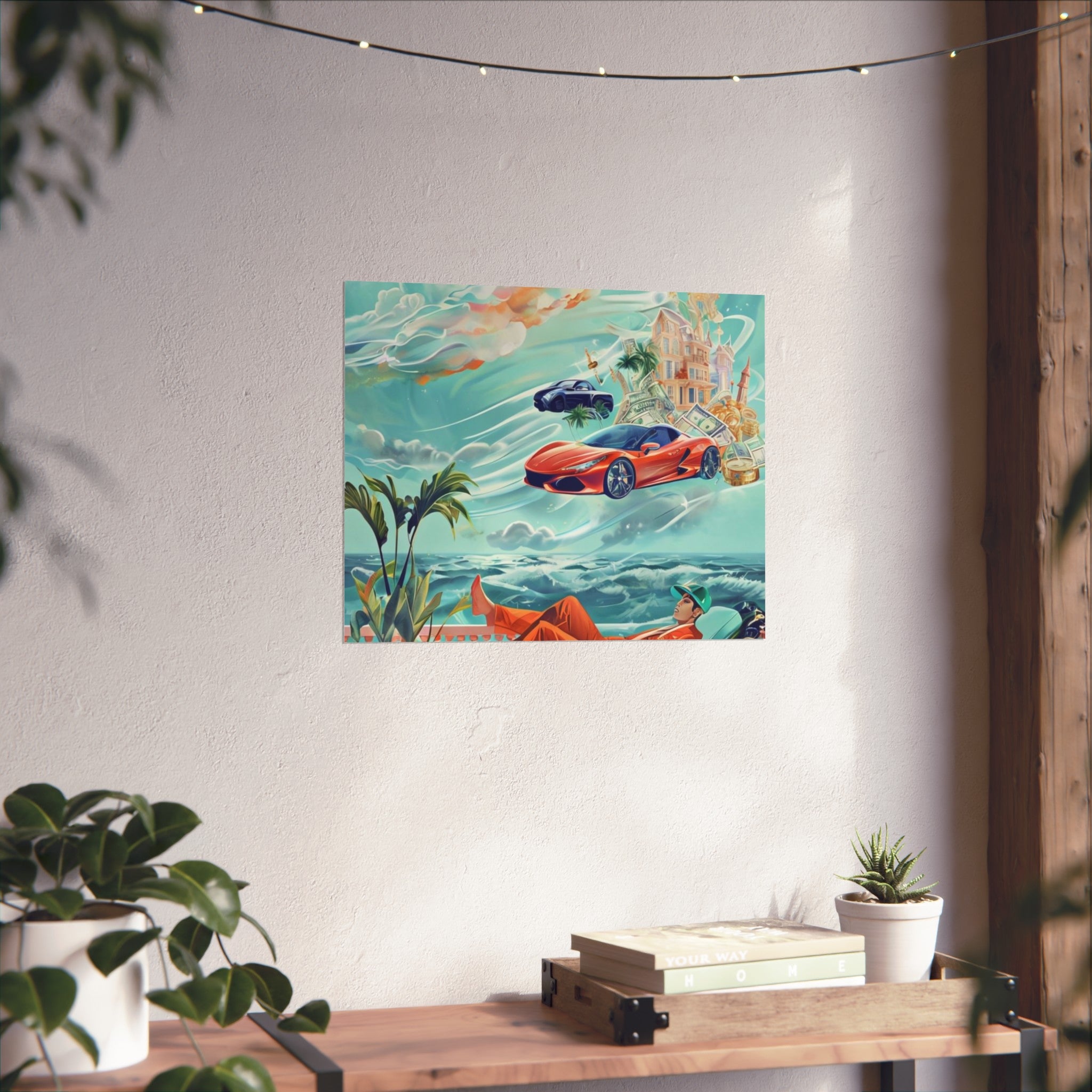 Surreal Coastline Art Poster — Dreamy Sports Car & Lounging Figure Print