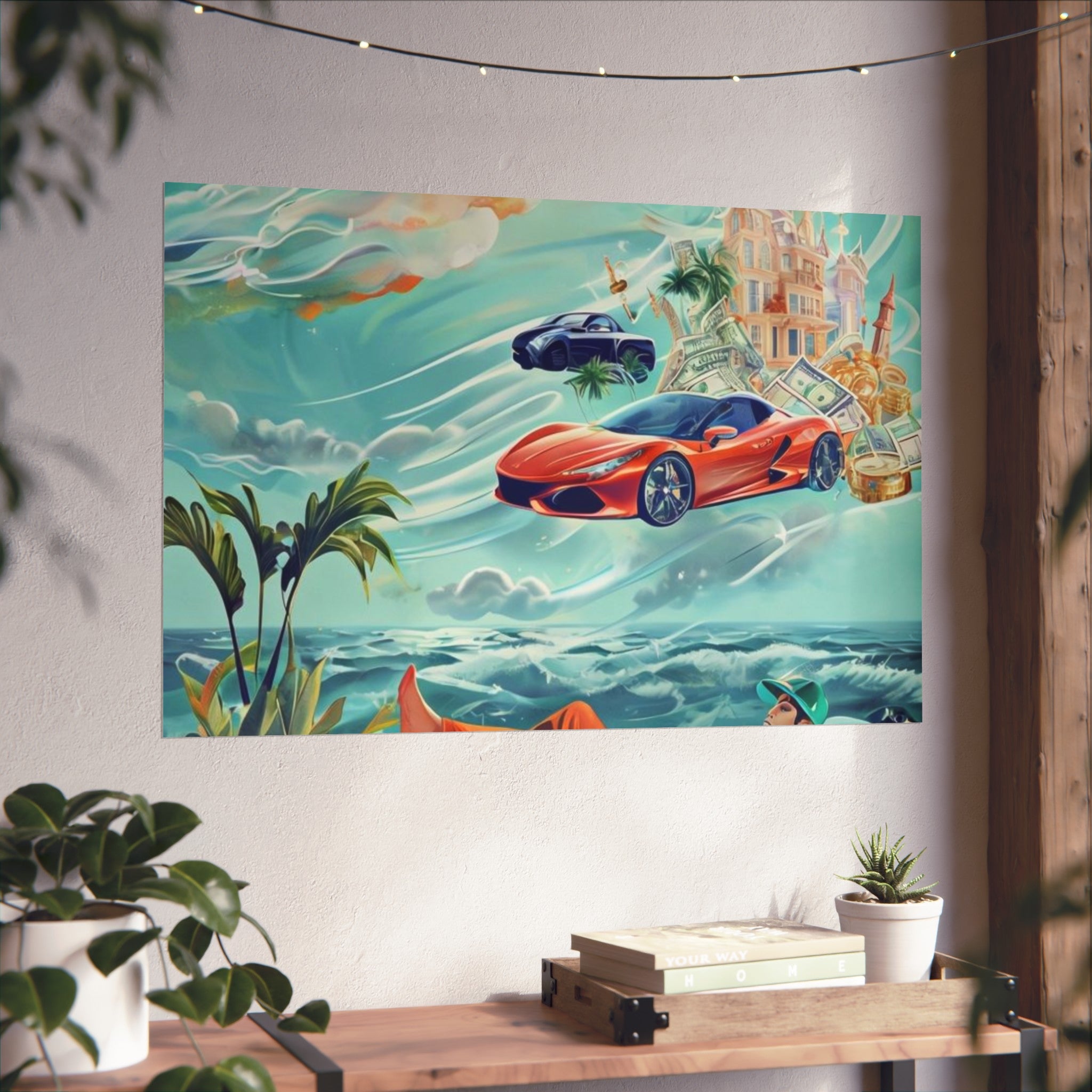 Surreal Coastline Art Poster — Dreamy Sports Car & Lounging Figure Print