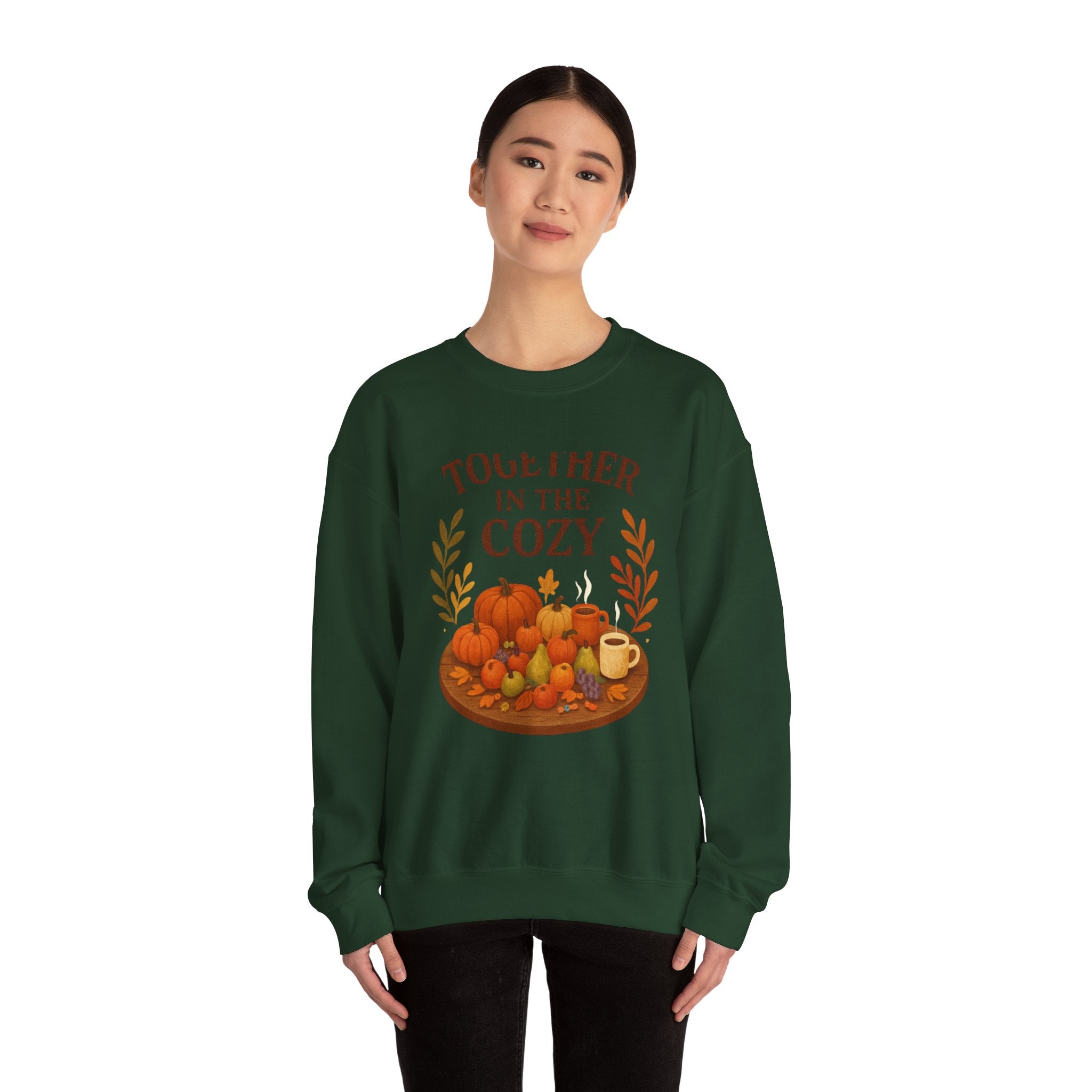 Cozy Fall Sweatshirt — "Together in the Cozy" Pumpkin & Mug Crewneck