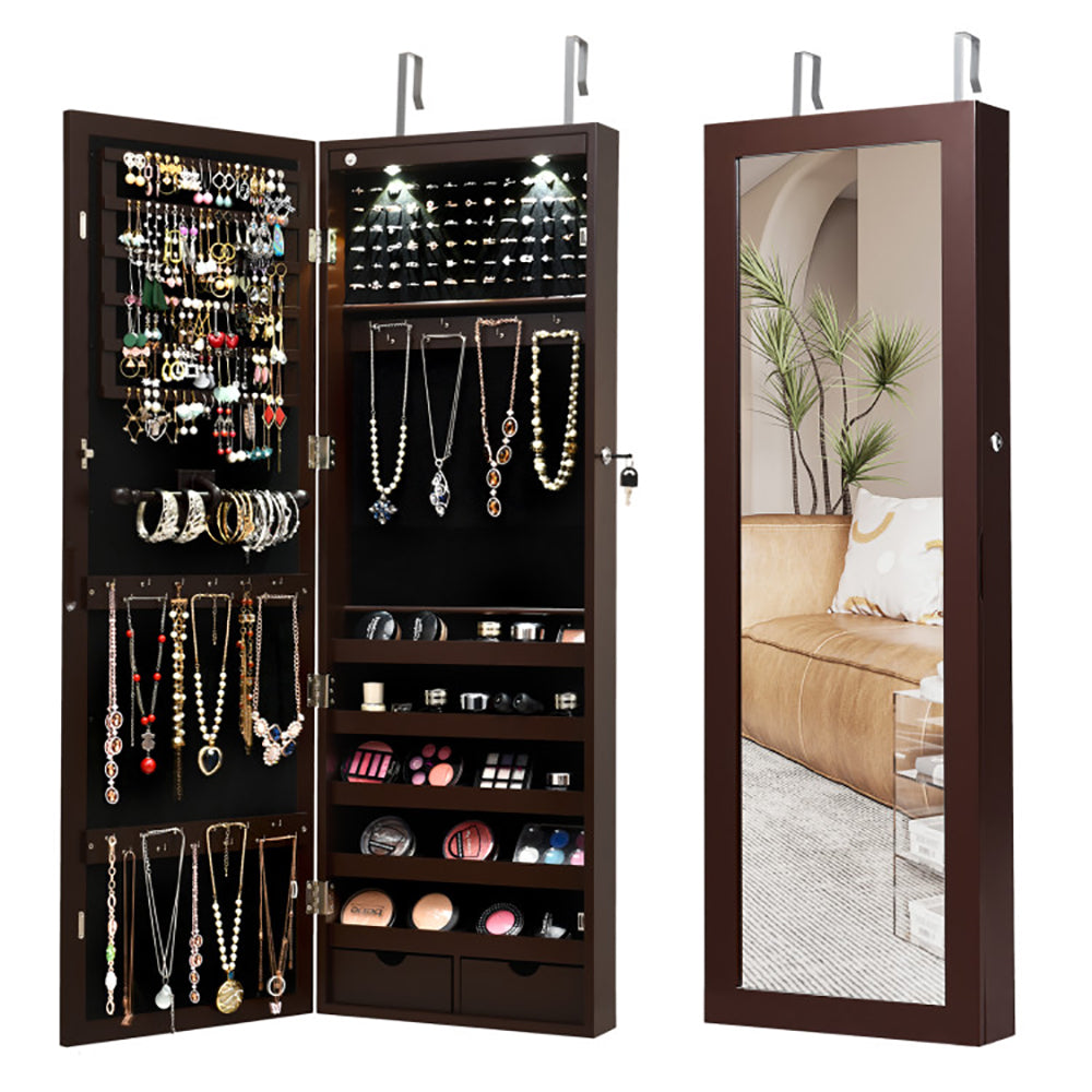 Elegant Lockable Wall Mount Jewelry Cabinet with LED Lights and Full-Length Mirror