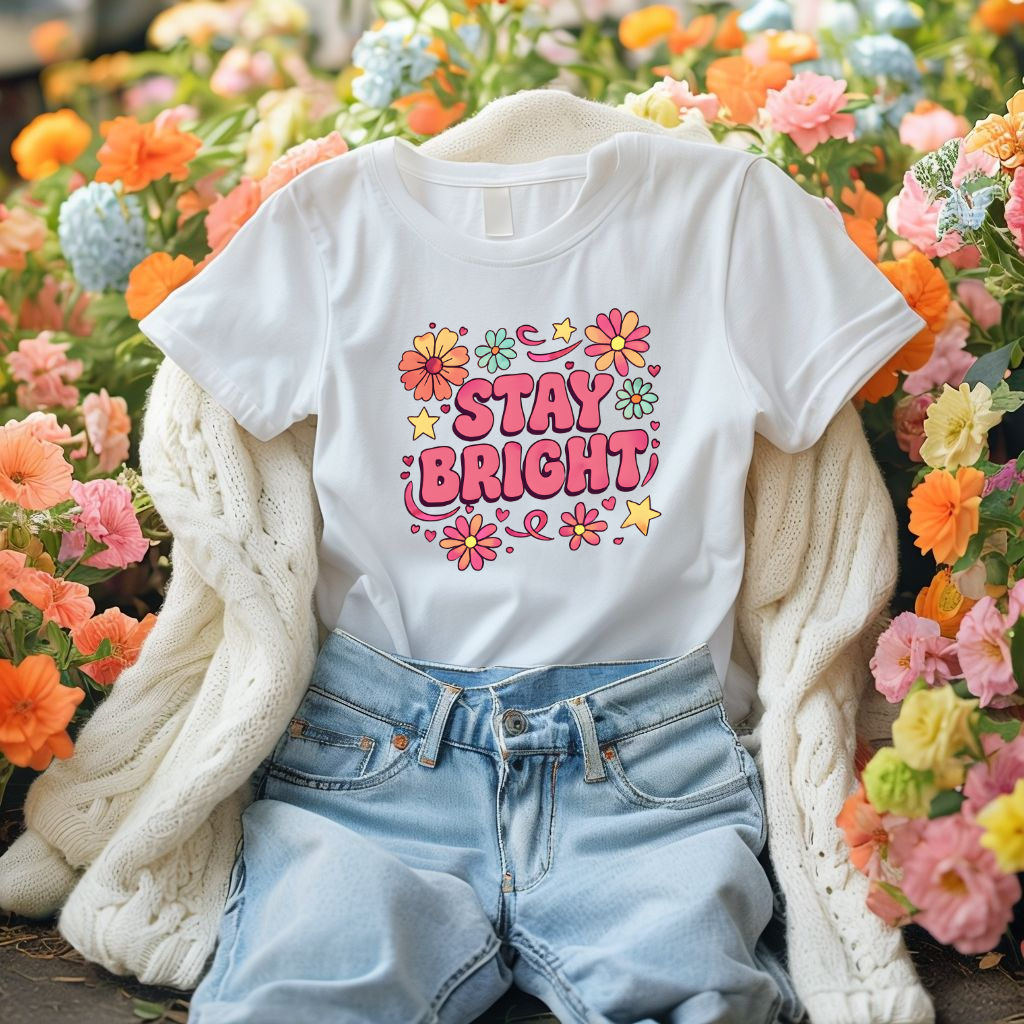 Stay Bright Floral Unisex T-Shirt, Positive Vibe Tee, Summer Casual Wear, Gift for Friends, Eco-Friendly Apparel