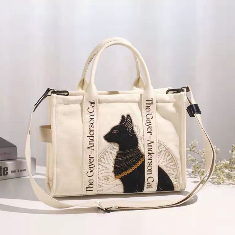 Chic Cat Embroidered Canvas Shoulder Bag - Perfect Messenger Crossbody for Students & Everyday Use