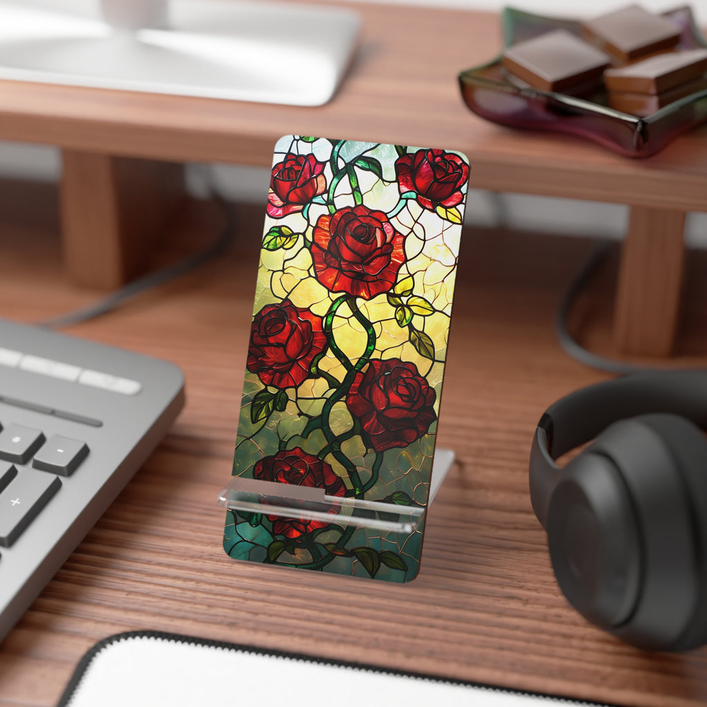 Stained Glass Rose Mobile Stand | Desk Accessory, Phone Holder, Gift for Her, Home Decor, Office Supplies, Floral Design