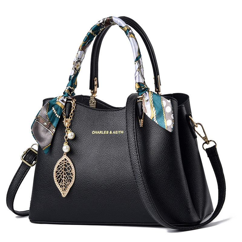 Chic Women's Shoulder Bag with Elegant Leaf Pendant & Stylish Silk Scarf