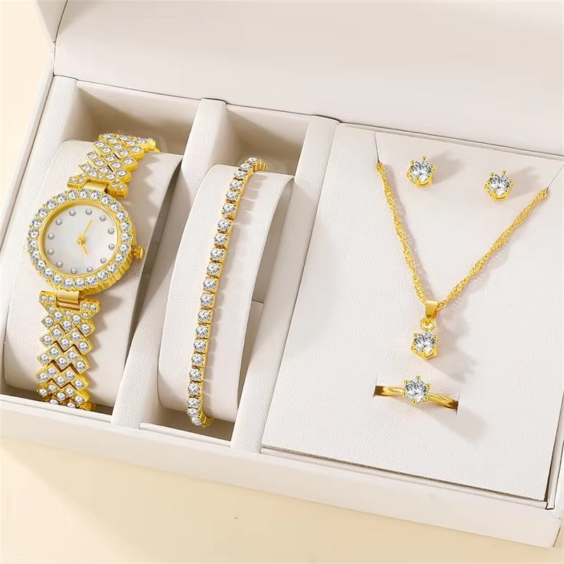 Glamorous 6-Piece Women's Rhinestone Jewelry Set with Luxury Watch, Ring, Necklace, and Earrings - Perfect for Any Occasion