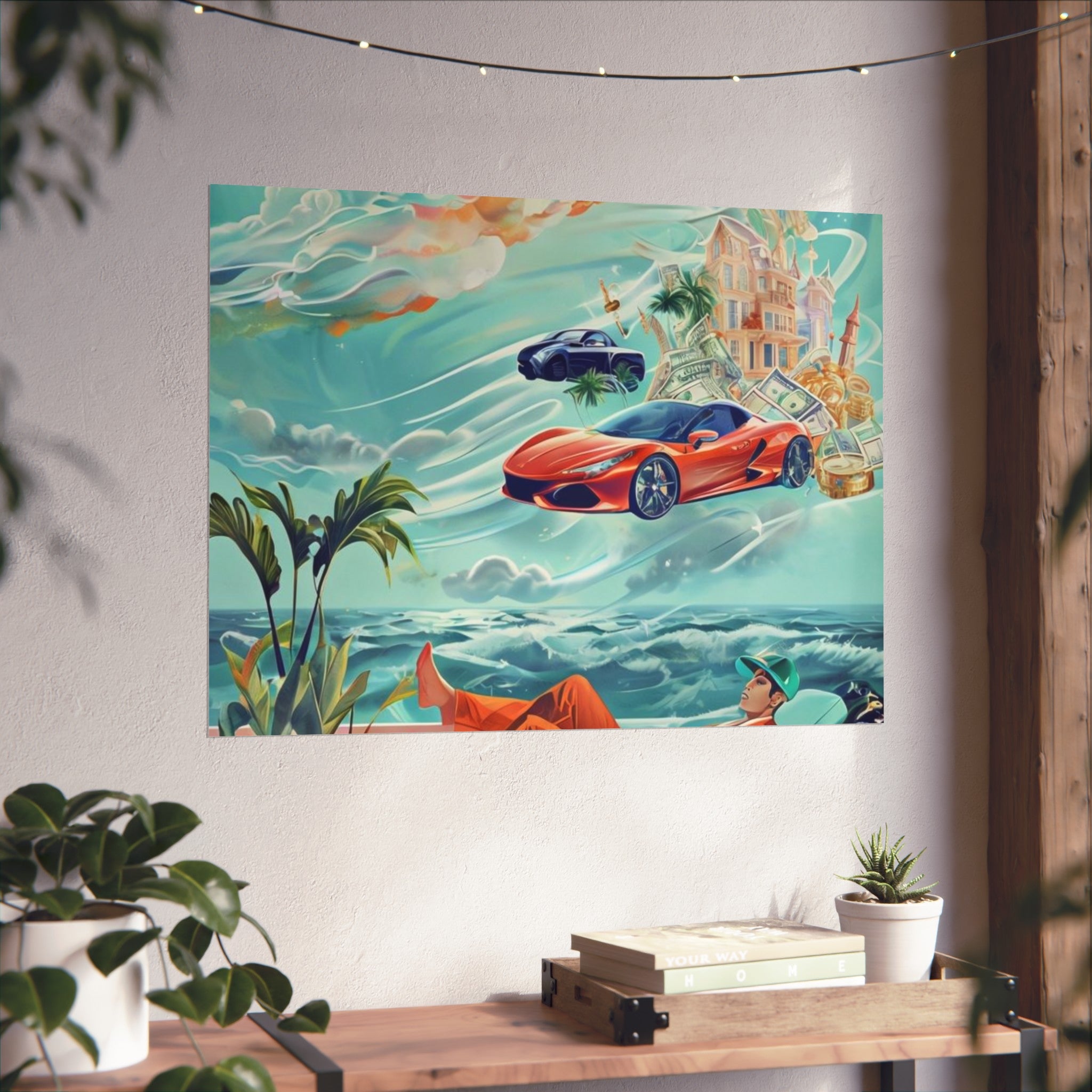 Surreal Coastline Art Poster — Dreamy Sports Car & Lounging Figure Print