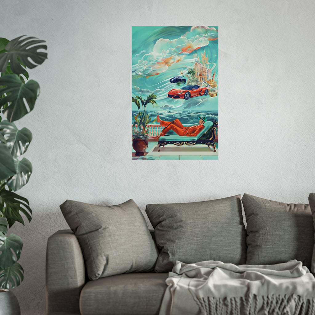 Surreal Coastline Art Poster — Dreamy Sports Car & Lounging Figure Print