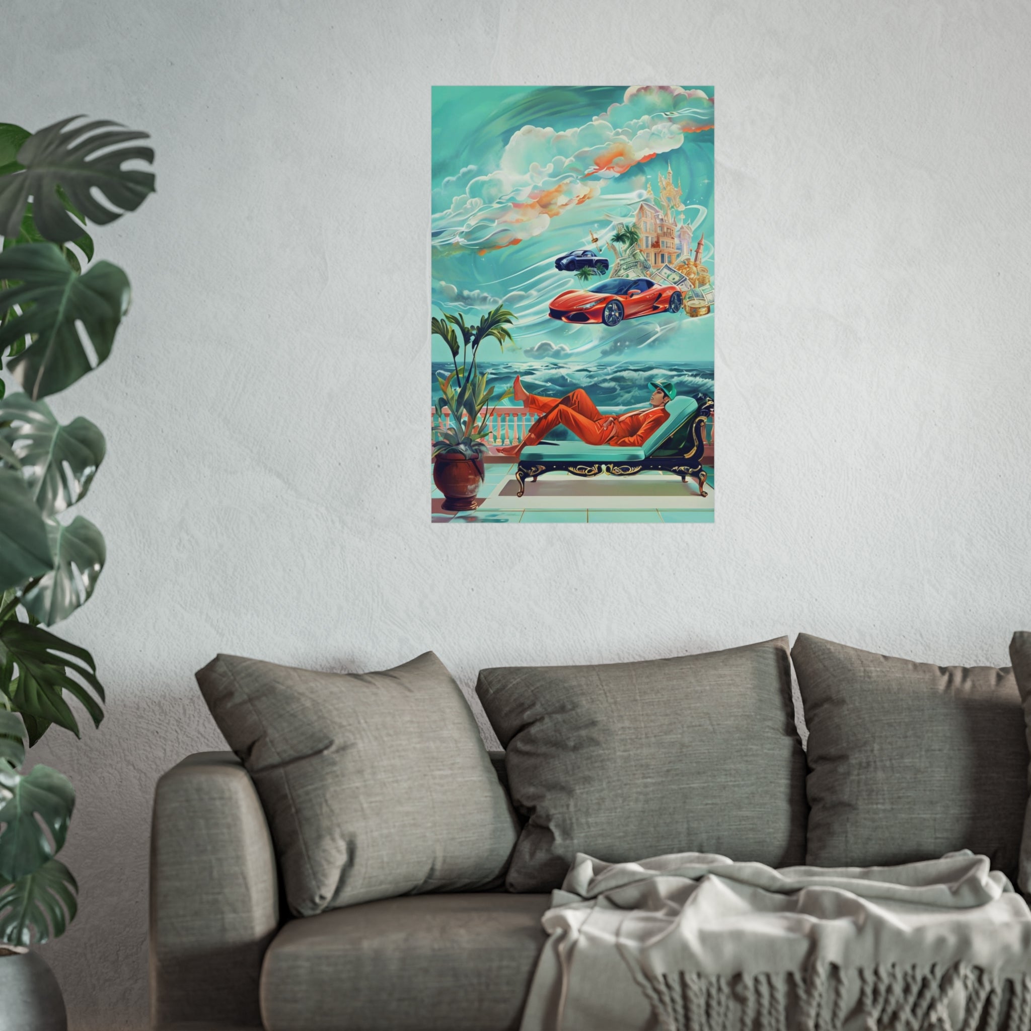 Surreal Coastline Art Poster — Dreamy Sports Car & Lounging Figure Print