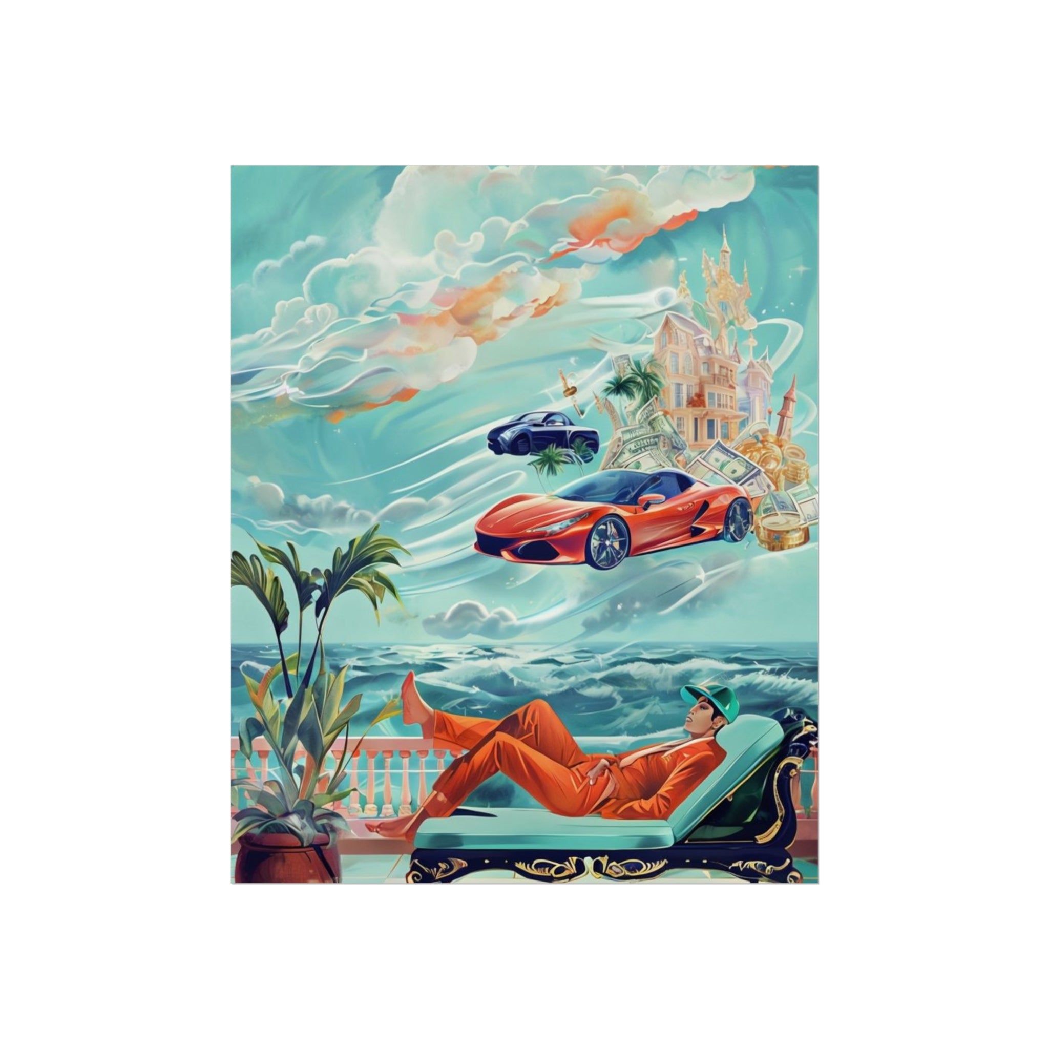 Surreal Coastline Art Poster — Dreamy Sports Car & Lounging Figure Print