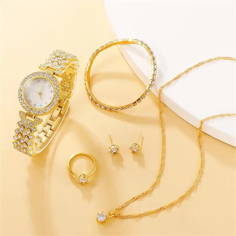 Glamorous 6-Piece Women's Rhinestone Jewelry Set with Luxury Watch, Ring, Necklace, and Earrings - Perfect for Any Occasion
