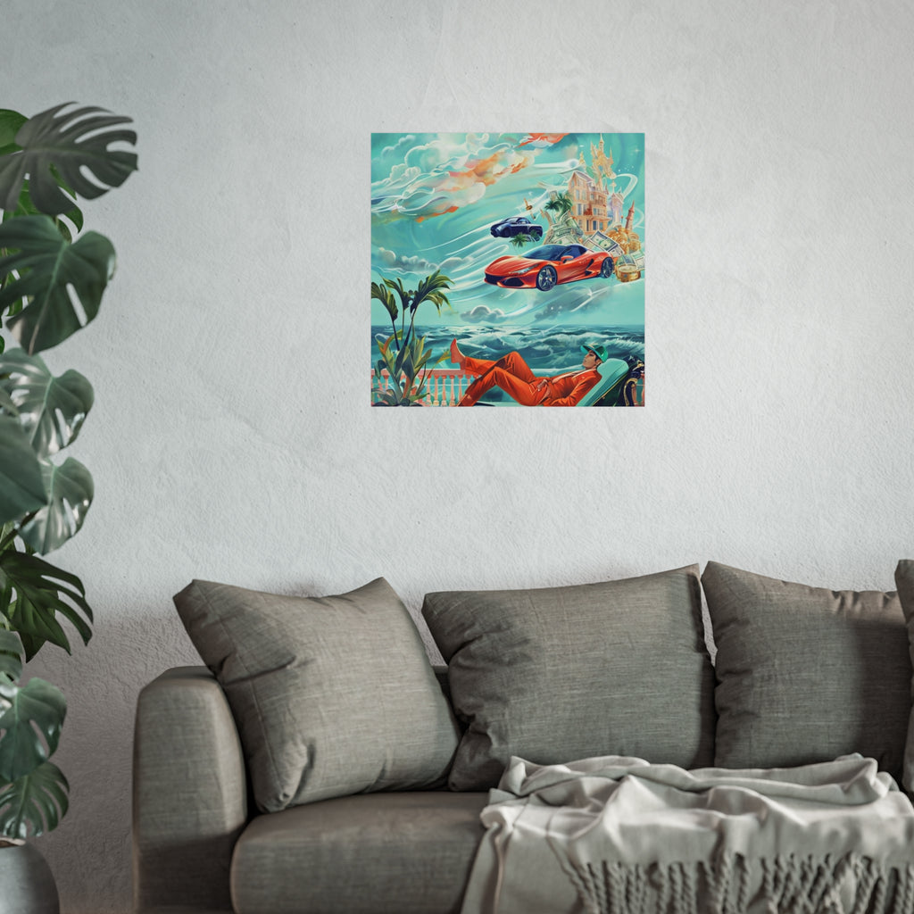 Surreal Coastline Art Poster — Dreamy Sports Car & Lounging Figure Print
