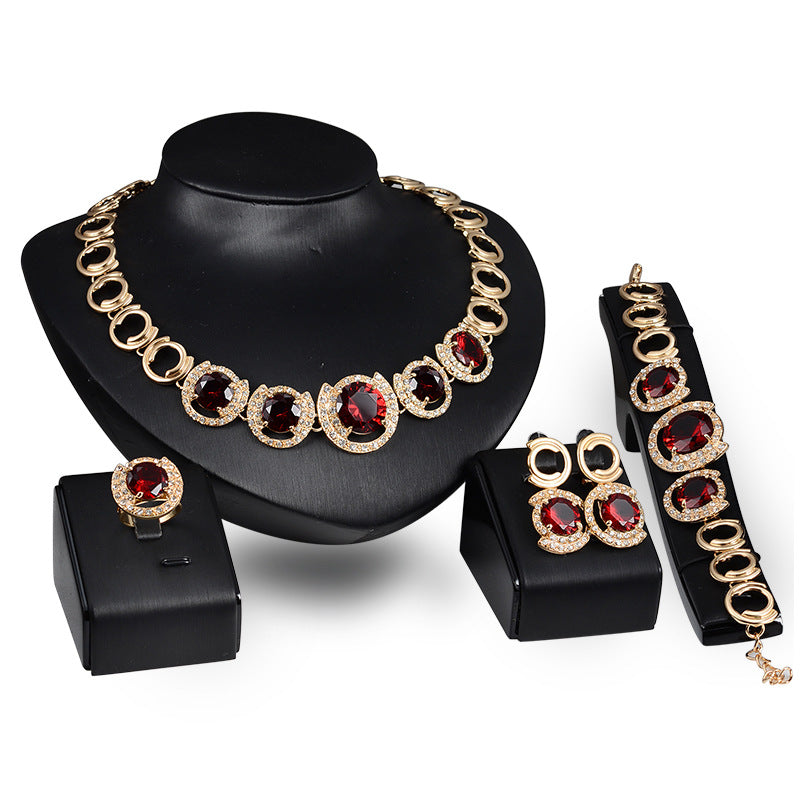 Radiant Gold Crystal and Zircon Bridal Jewelry Set: Necklace, Earrings, and Ring for the Perfect Wedding Look