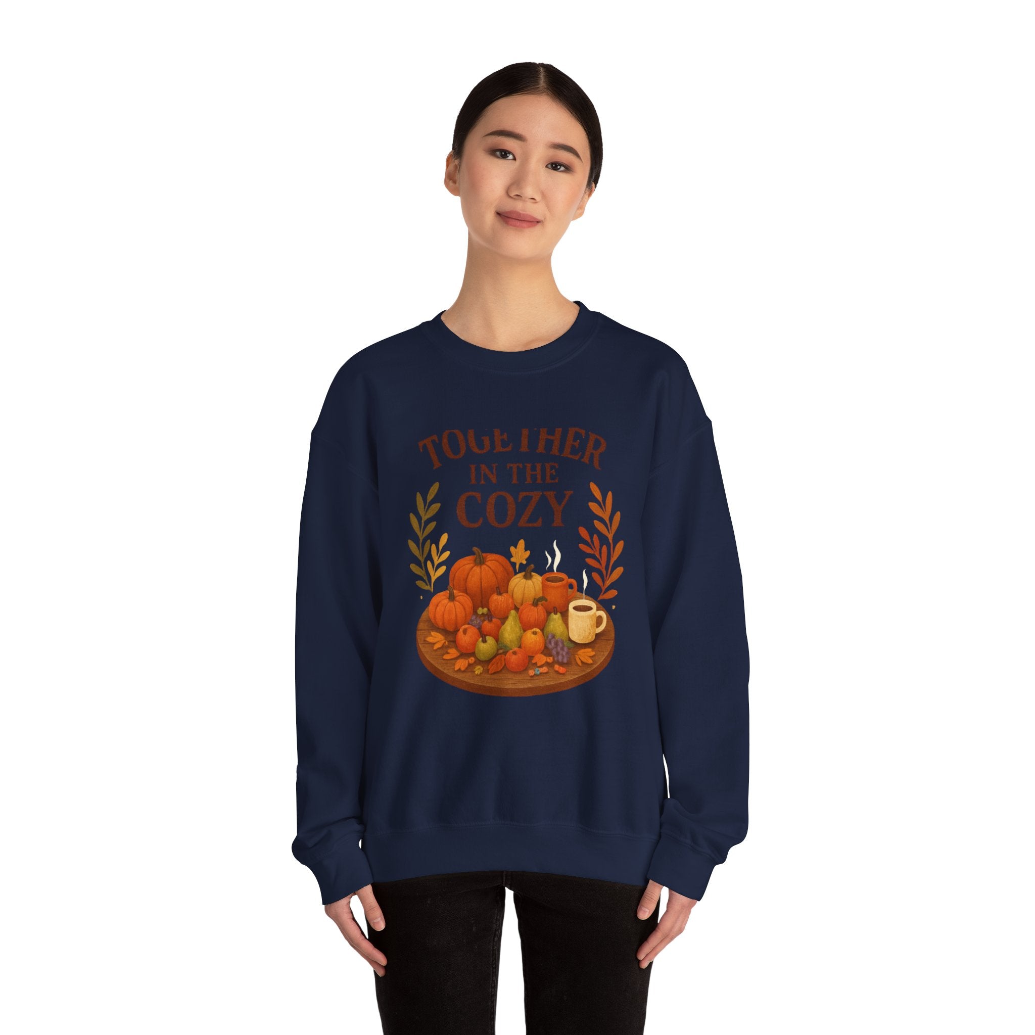 Cozy Fall Sweatshirt — "Together in the Cozy" Pumpkin & Mug Crewneck