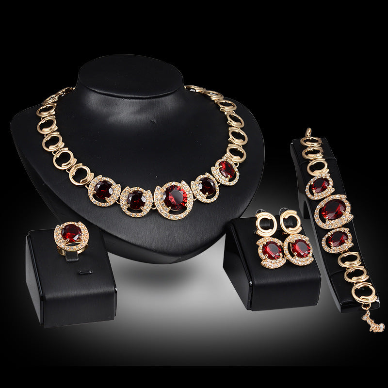 Radiant Gold Crystal and Zircon Bridal Jewelry Set: Necklace, Earrings, and Ring for the Perfect Wedding Look