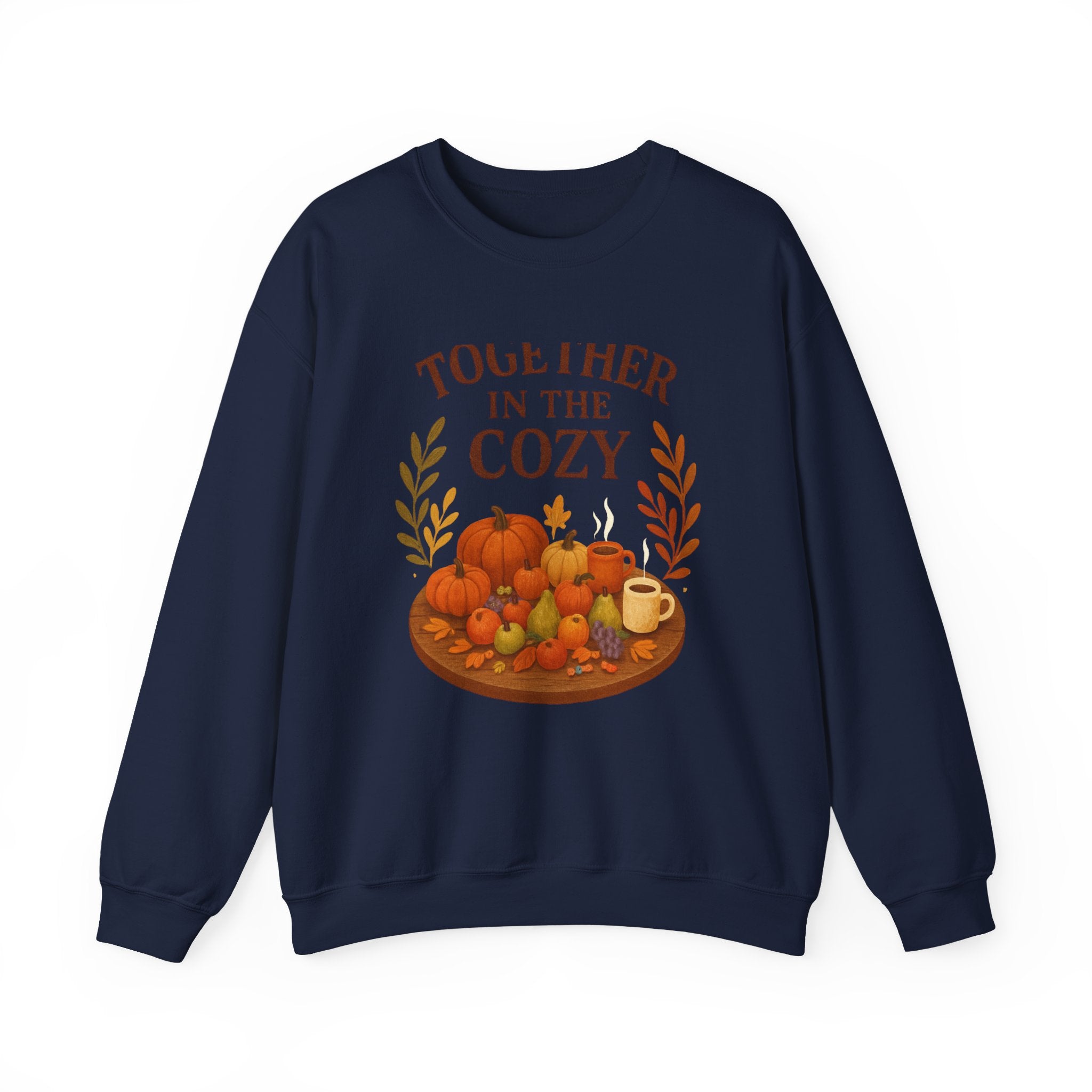 Cozy Fall Sweatshirt — "Together in the Cozy" Pumpkin & Mug Crewneck