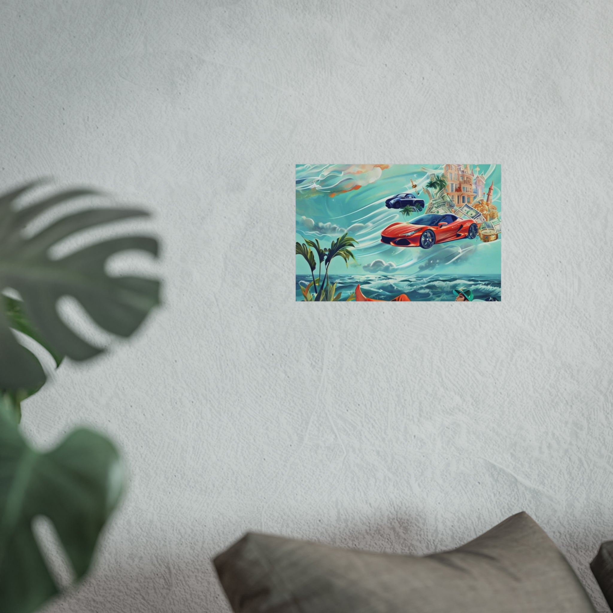 Surreal Coastline Art Poster — Dreamy Sports Car & Lounging Figure Print