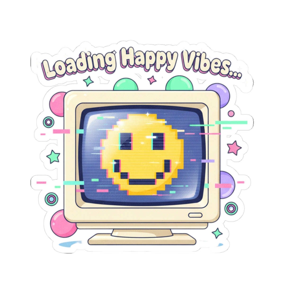 Loading Happy Vibes Pixel Monitor Sticker | Y2K Retro Tech Nostalgia