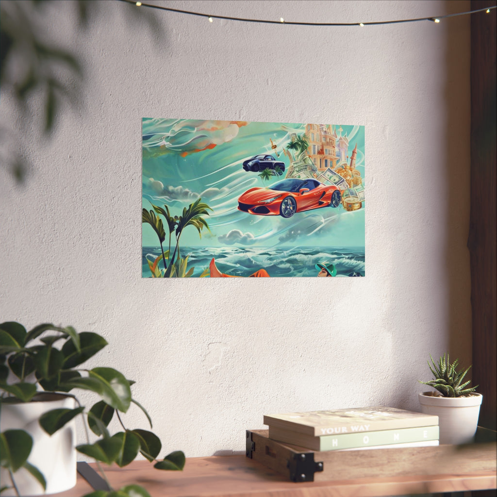 Surreal Coastline Art Poster — Dreamy Sports Car & Lounging Figure Print