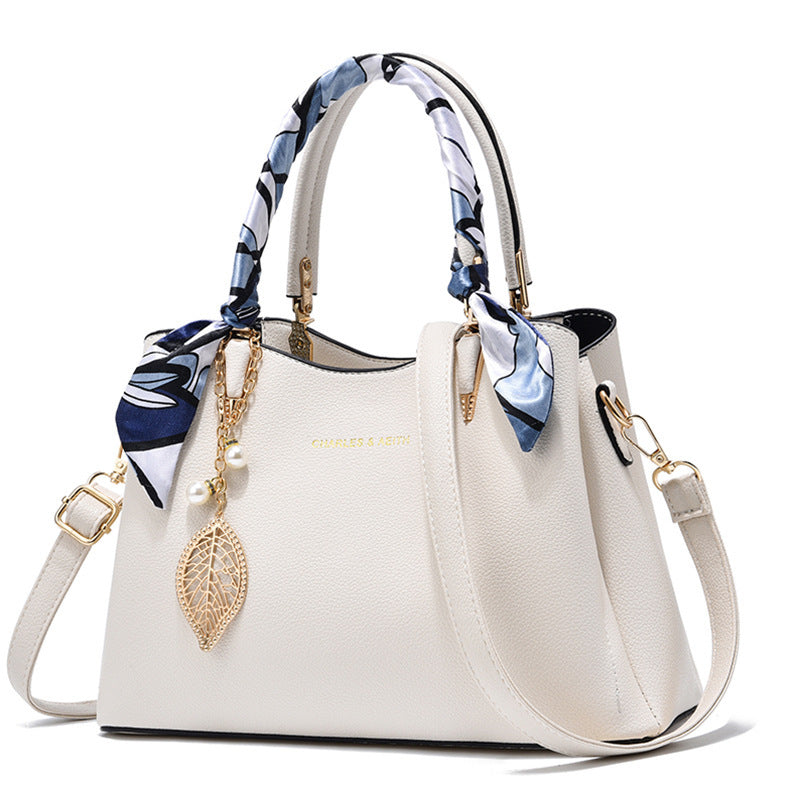 Chic Women's Shoulder Bag with Elegant Leaf Pendant & Stylish Silk Scarf