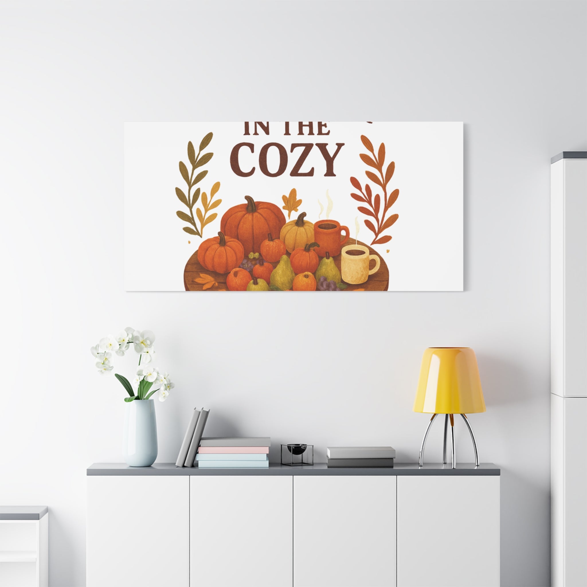 Fall Harvest Cozy Canvas Wall Art – "In The Cozy" Pumpkin & Coffee Autumn Decor