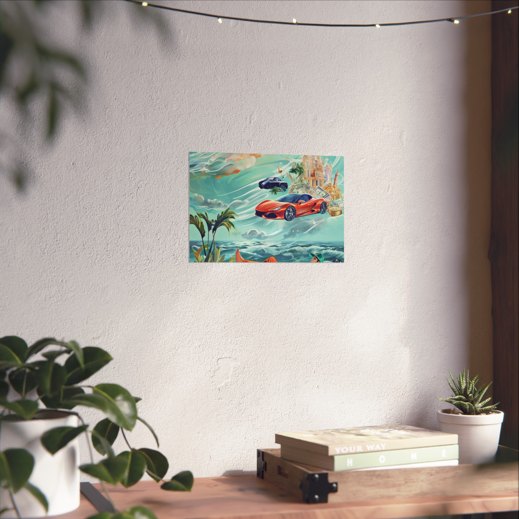 Surreal Coastline Art Poster — Dreamy Sports Car & Lounging Figure Print