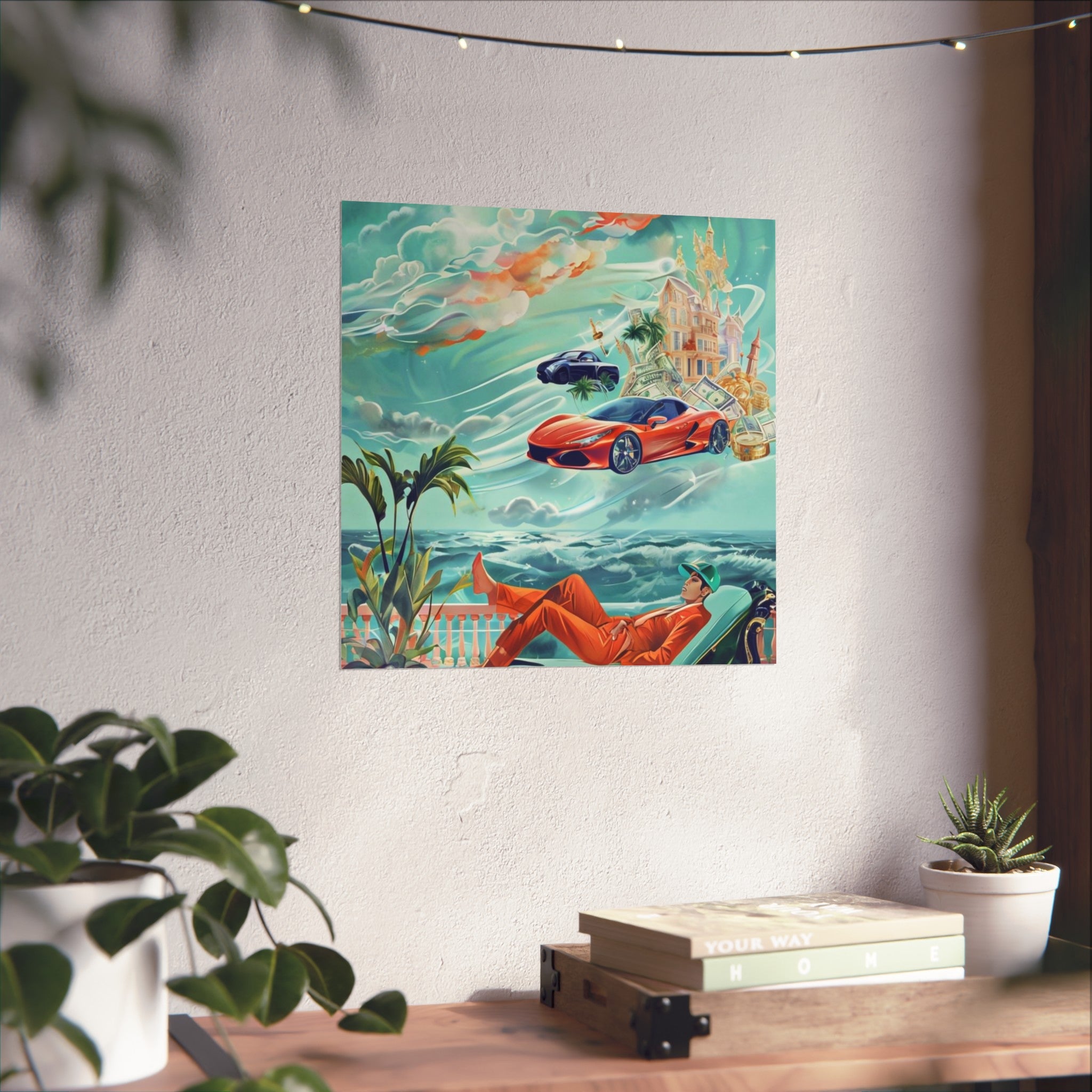 Surreal Coastline Art Poster — Dreamy Sports Car & Lounging Figure Print