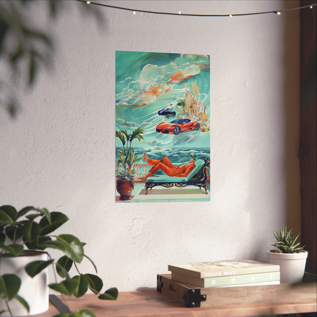 Surreal Coastline Art Poster — Dreamy Sports Car & Lounging Figure Print