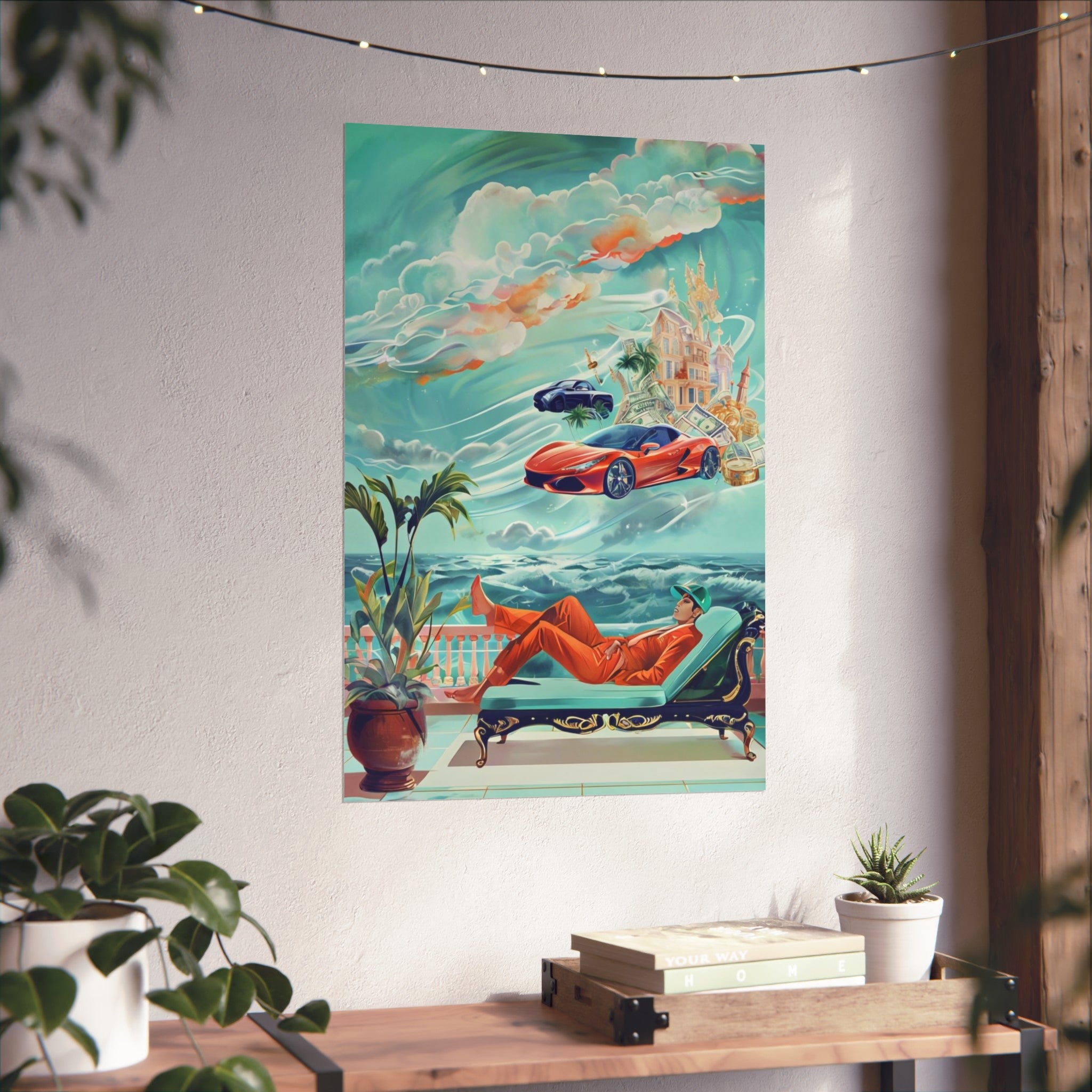 Surreal Coastline Art Poster — Dreamy Sports Car & Lounging Figure Print