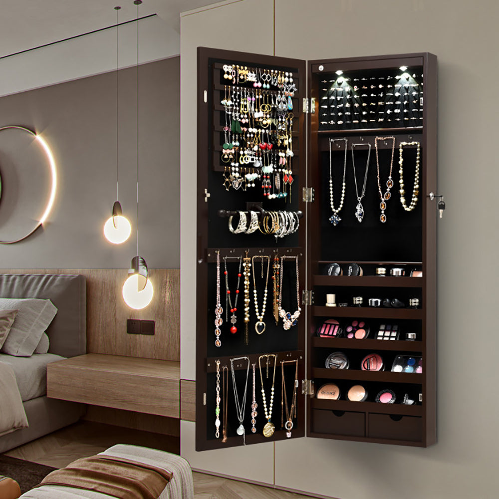 Elegant Lockable Wall Mount Jewelry Cabinet with LED Lights and Full-Length Mirror