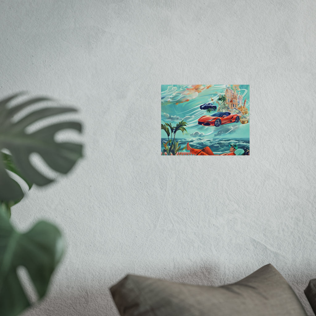 Surreal Coastline Art Poster — Dreamy Sports Car & Lounging Figure Print