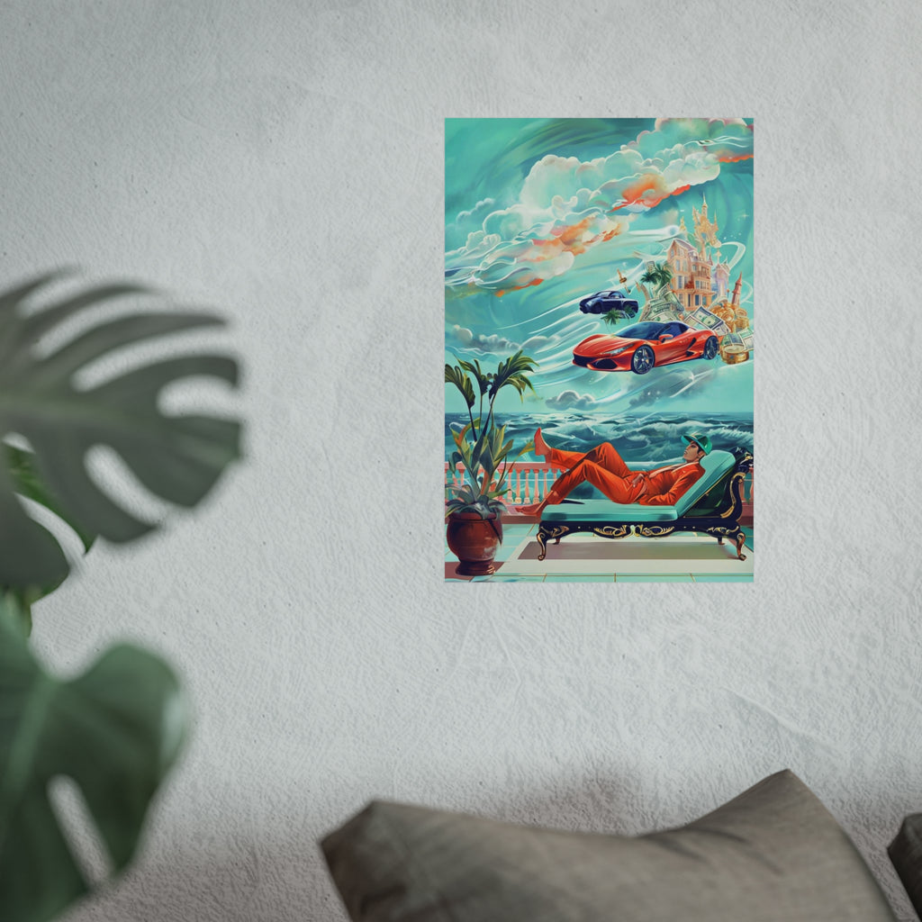 Surreal Coastline Art Poster — Dreamy Sports Car & Lounging Figure Print