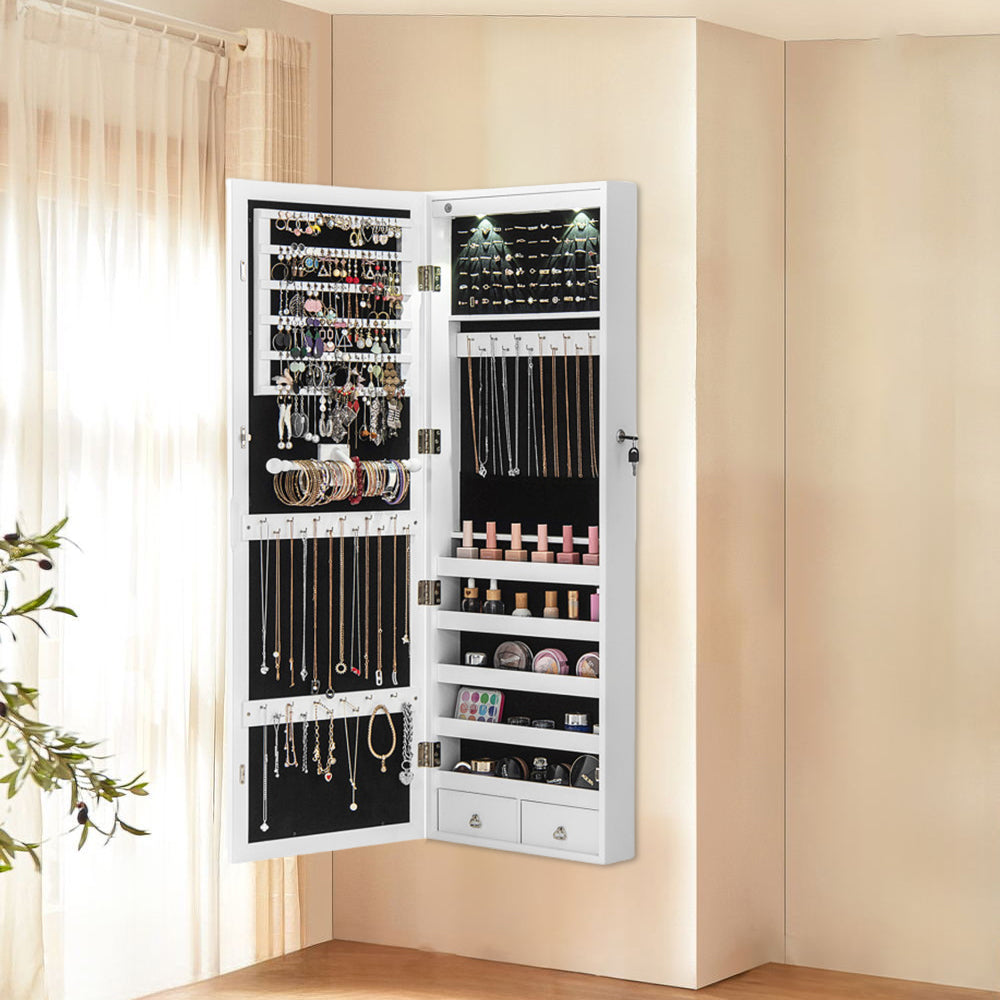 Elegant Lockable Wall Mount Jewelry Cabinet with LED Lights and Full-Length Mirror